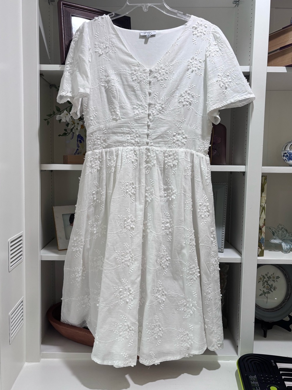 White Embroidered V-Neck Mini Dress